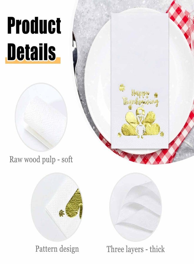 HEIPINIUYE 25 Pieces Happy Thanksgiving Paper Napkins with Gold Foil 3-ply White and Gold Turkey Guest Towels Disposable Hand Towels for Bathroom Birthday Fall Thanksgiving Party Dinner Napkins - Image 4